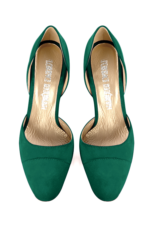 Emerald green women's open arch dress pumps. Round toe. Very high slim heel. Top view - Florence KOOIJMAN